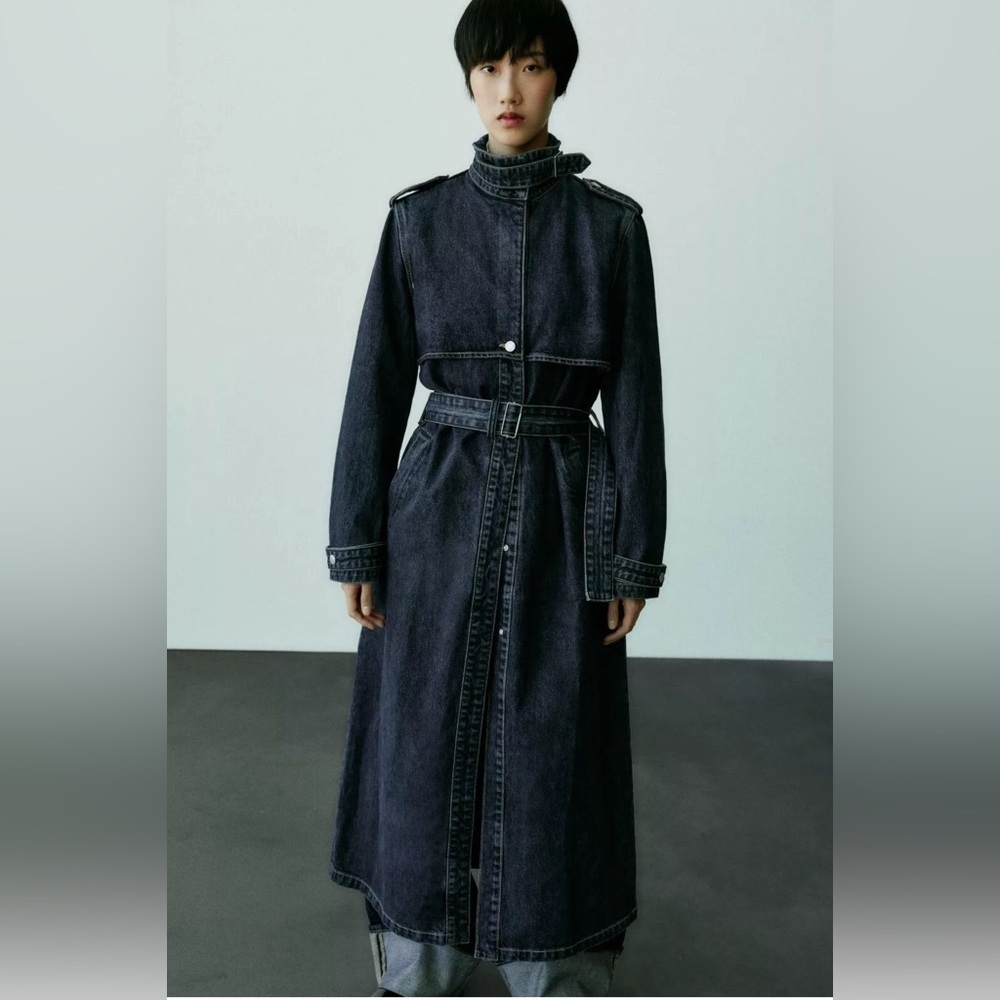 ZARA TRF DARK DENIM TRENCH Size Medium - Picture 2 of 10